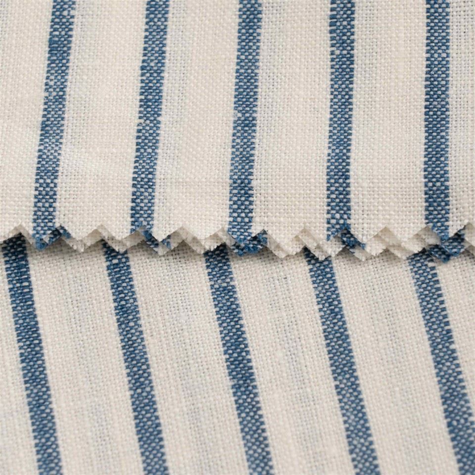 Off White Blue Striped Linen Fabric high quality